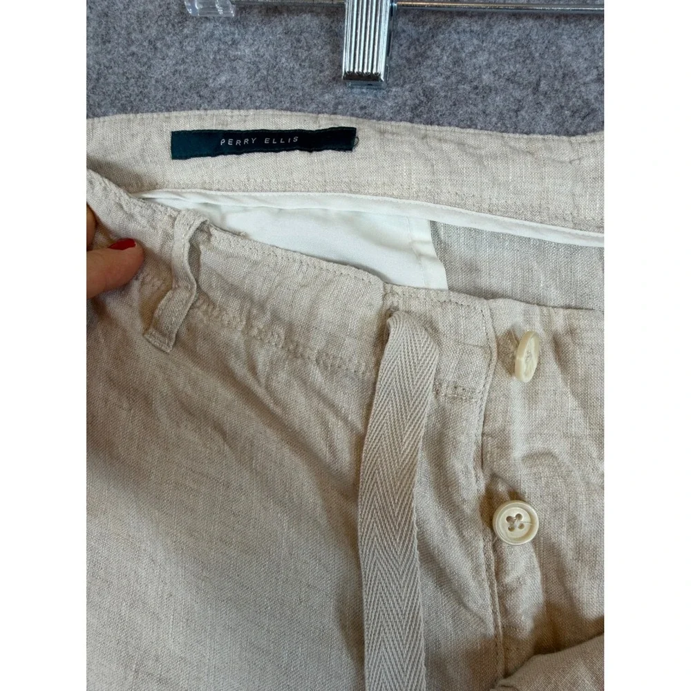 Perry Ellis Linen Pants Mens 36 Beige Excellent Drawstring Button Fly Straight